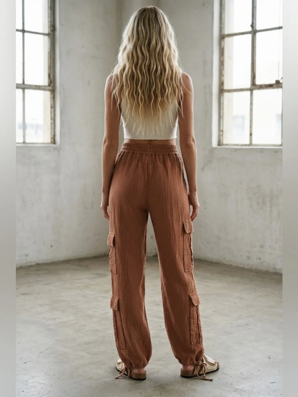NWT Eesome Mineral Washed Textured Cargo Pocket Jogger Pants Terracotta - Picture 6 of 11